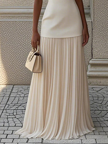 Elegant Pleated Classic Boat Neck Maxi Dress